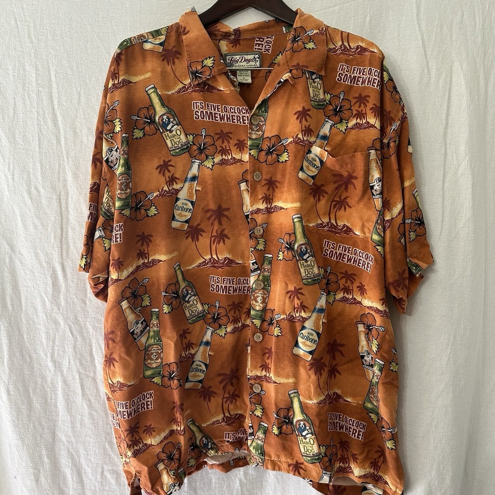 BIG DOGS‎ Hawaiian Aloha BEER LOVER Shirt "Its 5 OClock Somewhere" Mens Size 2XL
